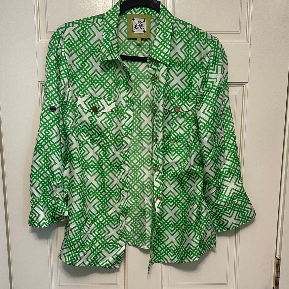 Elizabeth McKay Vibrant Green and White Geometric Shirt